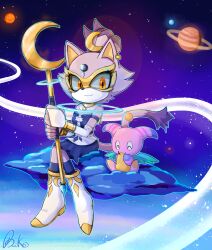 Rule 34 | 1girl, animal ears, biko97, blaze the cat, cat ears, cat girl, cat tail, chao (sonic), cloud, crescent, earrings, eating, food, forehead jewel, fruit, furry, furry female, highres, holding, holding food, holding fruit, holding staff, jewelry, night, night sky, on cloud, planet, planetary ring, purple fur, single earring, sitting, sky, smile, sonic (series), staff, star (sky), starry sky, tail, topknot, white footwear, yellow eyes