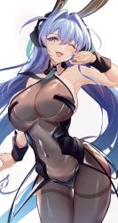 Rule 34 | 1girl, absurdres, azur lane, blue eyes, blue hair, breasts, cleavage, crossed bangs, detached collar, hair between eyes, hair intakes, highres, leotard, long hair, necktie, new jersey (azur lane), new jersey (exhilarating steps!) (azur lane), one eye closed, open mouth, pantyhose, playboy bunny, rikiddo (tise 00), see-through, see-through cleavage, smile, tagme, thighs, white background