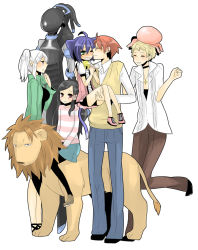 Rule 34 | 00s, 2boys, 3girls, bike shorts, black footwear, black hair, black shirt, blonde hair, blue hair, blush, carrying, choker, cross, cross necklace, family, glasses, green eyes, hair ornament, highres, jellyfish, jewelry, kiss, kyouran kazoku nikki, lion, midarezaki chika, midarezaki gekka, midarezaki ginka, midarezaki hyouka, midarezaki kyouka, midarezaki ouka, midarezaki teika, midarezaki yuuka, minami (betty), multiple boys, multiple girls, musical note, necklace, pants, pantyhose, princess carry, quaver, red eyes, red hair, robot, rosary, shirt, shoes, striped clothes, striped shirt, wavy mouth, white hair