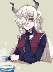 Rule 34 | 1girl, ahoge, alternate costume, animal ears, arm rest, black horns, blonde hair, blouse, brown eyes, cup, drink, grey horns, hair over one eye, hair ribbon, highres, horns, kanmoku-san, kemono friends, kemono friends 3, light smile, long hair, long sleeves, looking at viewer, multicolored horns, necktie, ox ears, ox girl, ox horns, parted lips, ribbon, shirt, simple background, solo, steam, upper body, yak (kemono friends)