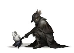 Rule 34 | 1boy, 1other, bloodborne, boots, cape, crossover, gloves, hat, highres, hollow knight, horns, hunter (bloodborne), knight (hollow knight), scarf, short hair, size difference, torn cape, torn clothes, valdotpng