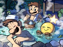 Rule 34 | 2boys, ^ ^, bamboo fence, beanie (mario), black eyes, blush, blush stickers, brothers, brown hair, bucket, bush, choko (cup), closed eyes, closed mouth, commentary request, cup, facial hair, fence, gromba, highres, holding, holding cup, in water, leaf, looking at another, luigi, male focus, mario, mario &amp; luigi rpg, mario (series), multiple boys, mustache, night, nintendo, onsen, outdoors, partially submerged, rock, short hair, siblings, smile, star (symbol), starlow, steam, tokkuri, topless male, towel, towel around neck, towel on head, tree, water, wet, wet hair, wooden bucket, ya mari 6363