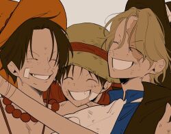 Rule 34 | 3boys, ascot, bandaid, bandaid on cheek, bandaid on face, black hair, black headwear, blonde hair, blue shirt, brothers, bruise, closed eyes, collared shirt, elasticity, facial scar, freckles, goggles, goggles on headwear, grin, hat, injury, male focus, monkey d. luffy, multiple boys, numata (oioioioiai), one piece, orange headwear, portgas d. ace, red shirt, sabo (one piece), scar, scar across eye, scar on cheek, scar on face, shirt, siblings, simple background, smile, straw hat, teeth, topless male, upper body