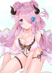 Rule 34 | 1girl, absurdres, blue eyes, blush, braid, breasts, cleavage, clip studio paint (medium), collarbone, demon horns, draph, front-tie top, granblue fantasy, hair ornament, hair over one eye, hand on own chest, heart, heart in eye, highres, horns, large breasts, light purple hair, long hair, low tied hair, minikon, narmaya (granblue fantasy), panties, pointy ears, purple hair, side-tie panties, single braid, sitting, sleeveless, solo, swimsuit, symbol in eye, thigh strap, underwear, wariza