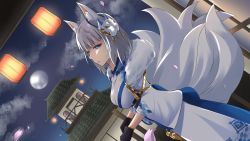 Rule 34 | 1girl, animal ear fluff, animal ears, architecture, azur lane, black gloves, blue sash, breasts, dutch angle, east asian architecture, eyeliner, fox ears, fox mask, from side, full moon, fur-trimmed kimono, fur trim, gloves, half gloves, highres, japanese clothes, kaga (azur lane), kaga (white fox&#039;s new year) (azur lane), kimono, kitsune, large breasts, looking at viewer, makeup, mask, mask on head, medium hair, moon, multiple tails, nero (geuk4788), official alternate costume, sash, tail, white kimono, white tail, wide sleeves