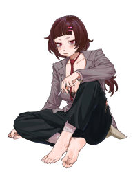 Rule 34 | 1girl, absurdres, b9 (rrrqqq), bandaged leg, bandages, barefoot, black pants, blunt bangs, blush, breasts, brown hair, cigarette, cleavage, closed mouth, collarbone, commentary request, feet, formal, grey jacket, hair ornament, hairclip, highres, holding, jacket, knee up, long hair, long sleeves, medium breasts, mole, mole on breast, necktie, on ground, original, pants, red eyes, red necktie, sidelocks, simple background, sitting, soles, solo, toes, torn clothes, torn pants, white background