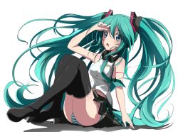 Rule 34 | 1girl, blue eyes, blush, boots, breasts, character name, female focus, full body, green hair, hatsune miku, headphones, headphones around neck, high heels, large breasts, long hair, necktie, open mouth, panties, pantyshot, shoes, sitting, skirt, solo, striped clothes, striped panties, suemizu yuzuki, tattoo, thigh boots, thighhighs, twintails, underwear, upskirt, very long hair, vocaloid, white background