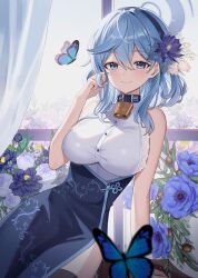 Rule 34 | 1girl, absurdres, ako (blue archive), alternate costume, bell, black flower, black hairband, blue archive, blue eyes, blue flower, blue hair, blue halo, blue skirt, breasts, bug, butterfly, closed mouth, cowbell, curtains, flower, hair flower, hair ornament, hairband, halo, highres, insect, large breasts, looking at viewer, medium hair, nannung, neck bell, purple flower, shirt, short hair, sitting, skirt, sleeveless, sleeveless shirt, smile, solo, white shirt, window