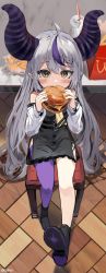 Rule 34 | 1girl, absurdly long hair, absurdres, ahoge, artist name, bare shoulders, black dress, black footwear, blush, boots, burger, chair, demon girl, demon horns, detached sleeves, dress, eating, food, french fries, full body, hair between eyes, highres, holding, holding food, hololive, holox, horns, indoors, la+ darknesss, long hair, long sleeves, looking at viewer, multicolored hair, orobou, pointy ears, purple hair, purple thighhighs, shoes, silver hair, single thighhigh, sitting, solo, streaked hair, striped horns, table, thighhighs, tile floor, tiles, two-tone hair, very long hair, virtual youtuber, wcdonald&#039;s, yellow eyes