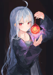 Rule 34 | 1girl, absurdres, ahoge, black background, blush, closed mouth, coat, collarbone, grey shirt, highres, holding, ichika (ichika87), long hair, long sleeves, open clothes, open coat, original, purple coat, red eyes, shirt, silver hair, sketch, solo, standing, straight hair, upper body, very long hair