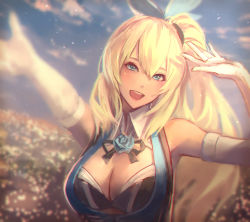 Rule 34 | 1girl, :d, arm up, bare shoulders, black ribbon, blonde hair, blue eyes, blue flower, blue rose, blue sky, breasts, cleavage, cloud, commentary, elbow gloves, field, flower, flower field, gloves, hair ribbon, kaburagi yasutaka, large breasts, long hair, looking at viewer, mirai akari, mirai akari project, open mouth, outstretched arms, ribbon, rose, side ponytail, sky, smile, solo, virtual youtuber, white gloves