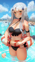 Rule 34 | 1girl, bikini, bird, black bikini, blue sky, blunt bangs, blurry, blurry background, blush, breasts, cityscape, cleavage, cloud, day, facial mark, girls&#039; frontline, green eyes, hair ornament, highres, hk416 (girls&#039; frontline), innertube, large breasts, long hair, looking at viewer, miamuly, navel, outdoors, silver hair, sky, smile, solo, stomach, swim ring, swimsuit, teardrop, very long hair, wading