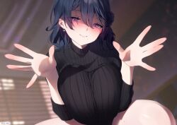 1girl black_hair black_sweater blurry blurry_background blush breasts breasts_squeezed_together closed_mouth commentary commission curvy earrings hair_between_eyes hair_bun hands_up highres indie_virtual_youtuber indoors jewelry large_breasts looking_at_viewer mole mole_under_mouth nen_0405 purple_eyes ribbed_sweater skeb_commission solo squatting sweater thighs tokiai_misao twitter_username virtual_youtuber