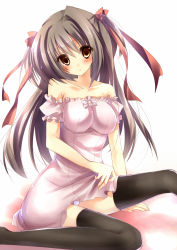 Rule 34 | 1girl, amane ruri, bare shoulders, blush, brown eyes, brown hair, clothes lift, dress, dress lift, highres, long hair, md5 mismatch, original, panties, pantyshot, resolution mismatch, ribbon, sitting, solo, source smaller, thighhighs, twintails, type (artist), underwear