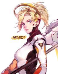 Rule 34 | 1girl, armor, blonde hair, blue eyes, bodysuit, breastplate, breasts, character name, closed mouth, halo, headgear, holding, holding staff, holding weapon, large breasts, lips, long hair, looking at viewer, mechanical halo, mechanical wings, mercy (overwatch), overwatch, overwatch 1, ponytail, simple background, solo, staff, turtleneck, upper body, weapon, white background, wing print, wings