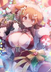 Rule 34 | 1girl, animal ears, black gloves, bone hair ornament, breasts, brown hair, christmas, cleavage, collar, covered navel, dog ears, dog girl, fur-trimmed headwear, fur trim, gift, gloves, hair ornament, hairpin, hat, highres, hololive, inugami korone, kamiya zuzu, large breasts, leotard, looking at viewer, navel, open mouth, paw pose, red collar, red hat, red leotard, santa costume, santa hat, santa leotard, solo, virtual youtuber