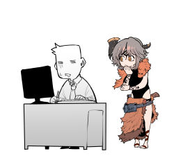 Rule 34 | 1boy, 1girl, = =, arm tattoo, axe, axehorn (ssambatea), barefoot, black leotard, closed mouth, collared shirt, desk, drooling, exhausted, fingernails, grey hair, hand on own chin, highres, holding, holding pen, keyboard (computer), leotard, monitor, mouth drool, necktie, original, pelt, pen, pigeon-toed, ringed eyes, saliva, saliva trail, shirt, simple background, sleepy, ssambatea, sweat, tattoo, waist cape, white background, wing collar, yellow eyes