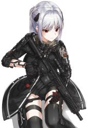 Rule 34 | 1girl, gloves, gun, h&amp;k hk416, hair ornament, heckler &amp; koch, jacket, kfr, long coat, original, red eyes, scarf, science fiction, short twintails, shorts, silver hair, solo, submachine gun, thigh strap, thighhighs, twintails, weapon, white background