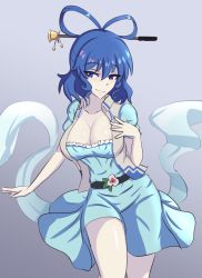 Rule 34 | 1girl, aohadapeach, belt, black belt, blue dress, blue eyes, blue hair, breasts, chisel, cleavage, collarbone, cowboy shot, dress, drill hair, drill sidelocks, flower, gradient background, grey background, hagoromo, hair ornament, hair rings, hair stick, highres, kaku seiga, large breasts, looking at viewer, open clothes, open vest, puffy short sleeves, puffy sleeves, shawl, short hair, short sleeves, sidelocks, simple background, solo, touhou, vest, white vest
