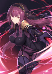 Rule 34 | armor, bodysuit, breasts, covered navel, dark background, dual wielding, fate/grand order, fate (series), frown, gae bolg (fate), hair intakes, haoni, holding, holding weapon, large breasts, long hair, looking at viewer, motion blur, pauldrons, polearm, purple bodysuit, purple hair, red eyes, scathach (fate), shoulder armor, spear, veil, weapon