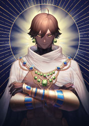 Rule 34 | 1boy, abs, absurdres, ahoge, bare pectorals, brown hair, cape, crossed arms, dark skin, dark-skinned male, egyptian, egyptian clothes, fate/grand order, fate/prototype, fate/prototype: fragments of blue and silver, fate (series), gauntlets, hair between eyes, highres, jewelry, looking at viewer, male focus, mikazuki tsukiyo, muscular, necklace, ozymandias (fate), pectorals, topless male, shrug (clothing), smile, solo, white cape, yellow eyes