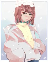 Rule 34 | 1girl, absurdres, aqua eyes, border, brown hair, gradient background, grey background, grey sweater, hands in pockets, highres, looking at viewer, original, richard-kun, shirt, short hair, solo, sweater, upper body, white border, yellow shirt