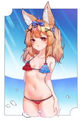 Rule 34 | 1girl, absurdres, ahoge, animal ears, arm behind back, bare arms, bare legs, bare shoulders, bikini, black ribbon, blonde hair, blue bow, blue scrunchie, blush, bow, breasts, breasts apart, chessy, commentary, cowboy shot, day, fox ears, frilled bikini, frills, hair bow, hair ornament, hair ribbon, hair scrunchie, highres, hololive, medium hair, navel, ocean, omaru polka, one side up, outdoors, parted lips, red eyes, ribbon, scrunchie, small breasts, solo, standing, stomach, swimsuit, virtual youtuber, water, x hair ornament