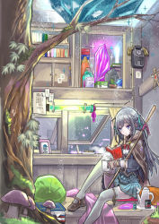 Rule 34 | 1girl, blue eyes, book, book stack, cup, gloves, grey hair, highres, long hair, mary janes, miniskirt, mushroom, nail, original, picture frame, potion, shoes, skirt, solo, staff, tajima ryuushi, teacup, teapot, thighhighs, tree, voodoo doll