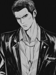 Rule 34 | 1boy, adam&#039;s apple, cheekbones, collared shirt, formal, frown, genandnak, greyscale, head tilt, kiryu kazuma, long sideburns, looking at viewer, male focus, monochrome, pectoral cleavage, pectorals, ryuu ga gotoku (series), ryuu ga gotoku 0, shirt, short hair, sideburns, solo, suit, thick eyebrows, tsurime, upper body