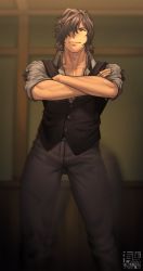 Rule 34 | 1boy, absurdres, arima (arima bn), artist name, black hair, black pants, black vest, brown eyes, collared shirt, facial hair, fate/grand order, fate (series), grey shirt, hair over one eye, highres, long hair, long sleeves, looking at viewer, male focus, official alternate costume, okada izou (fate), open collar, pants, ponytail, shirt, smile, solo, solo focus, stubble, twitter username, vest