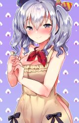 Rule 34 | 1girl, apron, bare arms, bare shoulders, beige apron, beret, black bow, black hat, blush, bow, breasts, cleavage, closed mouth, collarbone, commentary request, fingernails, food, hair between eyes, hair ribbon, hat, holding, ichihaya, kantai collection, kashima (kancolle), long hair, medium breasts, naked apron, neckerchief, nose blush, onigiri, purple background, red neckerchief, ribbon, silver hair, smile, solo, striped ribbon, twintails