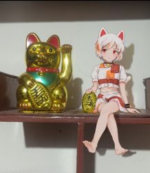 Rule 34 | 1girl, animal ears, barefoot, bell, breasts, calico, cat ears, cat girl, cat tail, closed mouth, coin, commentary, crop top, crossed legs, gold, goutokuji mike, himuhino, jingle bell, koban (gold), maneki-neko, medium skirt, midriff, mini person, minigirl, multicolored clothes, multicolored hair, multicolored shirt, multicolored skirt, multicolored tail, navel, neck bell, orange eyes, patch, patchwork clothes, photo (medium), puffy short sleeves, puffy sleeves, short hair, short sleeves, skirt, small breasts, smile, soles, solo, streaked hair, tail, toes, touhou, white hair
