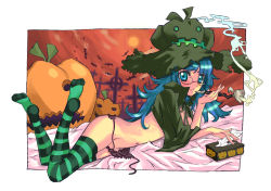 Rule 34 | 1girl, blue eyes, blue hair, glasses, halloween, kiseru, lying, matching hair/eyes, nagy, on stomach, panties, side-tie panties, smoking, smoking pipe, solo, striped clothes, striped thighhighs, thighhighs, tissue, underwear