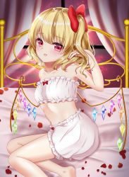 Rule 34 | 1girl, absurdres, bandeau, barefoot, blonde hair, bloomers, blush, breasts, collarbone, commentary request, curtains, fang, feet out of frame, fingernails, flandre scarlet, from side, hair between eyes, hair ribbon, hand in own hair, head tilt, highres, indoors, looking at viewer, looking back, nail polish, night, nyanyanoruru, on bed, open mouth, petals, red eyes, red nails, ribbon, rose petals, short hair, side ponytail, sitting, small breasts, solo, touhou, underwear, underwear only, window, wings, yokozuwari