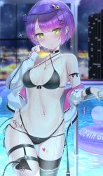 Rule 34 | 1girl, arm strap, bikini, black bikini, blush, breasts, choker, demon tail, ear piercing, green eyes, hair ornament, hairclip, hand in own hair, hat, heart, highres, hololive, jacket, jewelry, layered bikini, looking at viewer, multicolored hair, navel, navel piercing, necklace, open clothes, open jacket, open mouth, parted lips, piercing, pink hair, pool, pool ladder, poolside, purple hair, short hair, single thighhigh, skindentation, small breasts, solo, sparkle, swimsuit, tail, tail ornament, tail piercing, tattoo, tattoo on hips, tattoo on legs, thigh strap, thighhighs, tojo aoi, tokoyami towa, virtual youtuber, wet, white jacket
