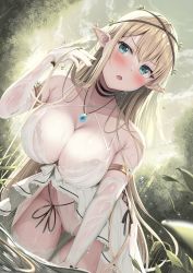 Rule 34 | 1girl, armpit crease, bare shoulders, bent over, blonde hair, blue eyes, blush, breasts, cameltoe, choker, cleavage, cleft of venus, collarbone, elbow gloves, gloves, highres, large breasts, long hair, looking at viewer, open mouth, original, pointy ears, solo, straight hair, swimsuit, thigh gap, tomoo (tomo), very long hair, water, wet