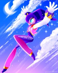 Rule 34 | 1other, absurdres, blue eyes, bodysuit, cloud, cloudy sky, flying, gloves, hat, highres, jester, jester cap, long sleeves, moon, nights (character), nights into dreams, profile, sega, sky, smile, solo, teeth, vest, white gloves