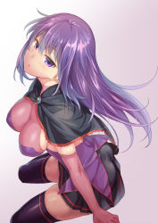 Rule 34 | 1girl, black thighhighs, breasts, cleavage, elbow gloves, gloves, large breasts, long hair, looking at viewer, malariya, miniskirt, ono misao, purple eyes, purple hair, purple thighhighs, quiz magic academy, skirt, solo, thighhighs