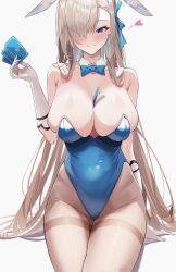 Rule 34 | 1girl, animal ears, arm support, asuna (blue archive), asuna (bunny) (blue archive), between breasts, blue archive, blue eyes, blue leotard, blush, bow, bowtie, breasts, card, card between breasts, cleavage, closed mouth, collarbone, conconcon1031, detached collar, fake animal ears, gloves, hair over one eye, highres, holding, holding card, huge breasts, leotard, light brown hair, looking at viewer, mole, mole on breast, pantyhose, rabbit ears, simple background, sitting, skindentation, solo, thighband pantyhose, white background, white gloves