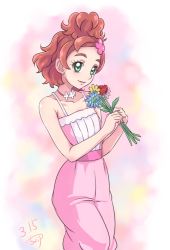 Rule 34 | 1girl, brown hair, chocokin, cowboy shot, dated, dress, eyebrows, flower, go! princess precure, green eyes, haruno haruka, looking at viewer, multicolored background, pink dress, precure, short hair, smile, solo, thick eyebrows