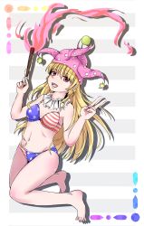 Rule 34 | 1girl, american flag panties, blonde hair, bra, breasts, clownpiece, eyes visible through hair, grey background, hat, highres, hiyashi mikan, jester cap, legs, long hair, looking at viewer, navel, open mouth, pantyhose, unworn pantyhose, pointy ears, print bra, red eyes, unworn shirt, small breasts, solo, stomach, striped, striped background, teeth, thighs, toes, tongue, torch, touhou, underwear, v, very long hair