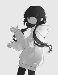 Rule 34 | 1girl, :/, absurdres, blunt bangs, closed mouth, empty eyes, expressionless, feet out of frame, floating hair, greyscale, hands up, highres, hood, hood down, hoodie, jitome, leggings, long hair, long sleeves, low twintails, monochrome, open hands, osage (nukunuku nigirimeshi), pale skin, shorts, sidelighting, simple background, solo, standing, twintails, watanabe (seizouhanbai)