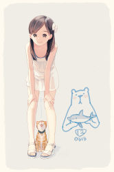 Rule 34 | 1girl, animal, bare arms, bare shoulders, bear, blush, bow, brown eyes, brown hair, cat, closed mouth, dress, fangs, grey background, hair bow, hands on own thighs, highres, kokudou juunigou, leaning forward, long hair, original, sandals, sleeveless, sleeveless dress, smile, solo, standing, swept bangs, toenails, toes, wedge heels, white bow, white dress, white footwear