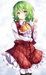Rule 34 | 1girl, absurdres, ascot, black pantyhose, breasts, buttons, cowboy shot, frilled skirt, frills, green hair, hand up, highres, kazami yuuka, long sleeves, looking at viewer, medium breasts, orchid (orukido), pantyhose, red eyes, red skirt, red vest, shirt, short hair, skirt, solo, touhou, vest, white background, white shirt, yellow ascot