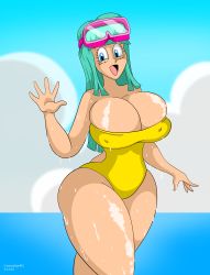 Rule 34 | 1girl, absurdres, alternate breast size, artist request, bare shoulders, blue eyes, blue hair, blue sky, bouncing breasts, breasts, casual one-piece swimsuit, cleavage, cloud, curvy, derivative work, diving mask, diving mask on head, dragon ball, dragonball z, goggles, goggles on head, happy, highleg, highleg swimsuit, highres, house, huge breasts, long hair, looking at viewer, maron (dragon ball), maron redraw challenge (meme), meme, meme attire, one-piece swimsuit, open mouth, plump, salute, screenshot redraw, shiny skin, sky, smile, swimsuit, water, wet, wide hips, yellow one-piece swimsuit