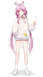Rule 34 | 1girl, absurdres, bare legs, bow-shaped hair, closed mouth, coin, coin flip, forehead jewel, fu xuan (honkai: star rail), hair ornament, hairpin, hand in pocket, highres, honkai: star rail, honkai (series), hood, hoodie, k/a, legs, long hair, looking at viewer, low twintails, naked sweater, no pants, orange eyes, pink hair, shoes, simple background, socks, solo, sweater, thighs, twintails, very long hair, white background, white footwear, white hoodie, white socks