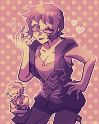 Rule 34 | 1boy, 1girl, blush, breasts, candy, cleavage, collarbone, cosplay, costume switch, covering privates, crossdressing, embarrassed, eyebrows, food, glasses, hand on own hip, highres, hiyo qre, holding candy, holding food, holding lollipop, hood, hoodie, kariya koki, large breasts, lollipop, one eye closed, open mouth, rectangular eyewear, short hair, sleeveless, sleeveless hoodie, smile, subarashiki kono sekai, tears, tongue, tongue out, wink, yashiro uzuki