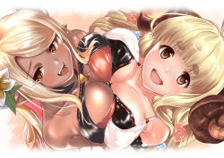 Rule 34 | 2girls, :d, anila (granblue fantasy), anila (summer) (granblue fantasy), bikini, black bikini, blonde hair, blunt bangs, blush, breast press, breasts, dark-skinned female, dark skin, draph, flower, from above, granblue fantasy, hair flower, hair ornament, hikimayu, horns, k2isu, kumbhira (granblue fantasy), kumbhira (summer) (granblue fantasy), large breasts, layered bikini, looking up, multicolored hair, multiple girls, official alternate costume, open mouth, parted bangs, pink hair, pointy ears, smile, swimsuit, symmetrical docking, two-tone hair, white bikini, yellow eyes