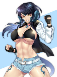 Rule 34 | 1girl, abs, au ra, warrior of light (ff14), bad id, bad pixiv id, belt, bikini, bikini top only, blue hair, breasts, cleavage, clenched hands, collar, commission, cowboy shot, cutoffs, dark blue hair, denim, denim shorts, dragon girl, fictional persona, final fantasy, final fantasy xiv, fingerless gloves, fist pump, gloves, gluteal fold, grin, heart collar, highres, horns, jacket, large breasts, looking at viewer, midriff, muscular, muscular female, nasaniliu, navel, open clothes, open jacket, short shorts, shorts, simple background, skeb commission, smile, solo, swimsuit, tail, thick thighs, thighs, underboob, yellow eyes