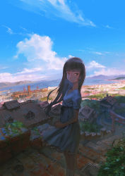 Rule 34 | 1girl, black eyes, black hair, blunt bangs, blurry, breasts, building, city, cityscape, cloud, commentary, crane (machine), day, depth of field, dress, flower, highres, hill, horizon, house, long hair, looking to the side, ocean, original, outdoors, own hands clasped, own hands together, plant, rias-coast, scenery, shade, sky, small breasts, solo, stairs, tile roof, torii, white dress, wind